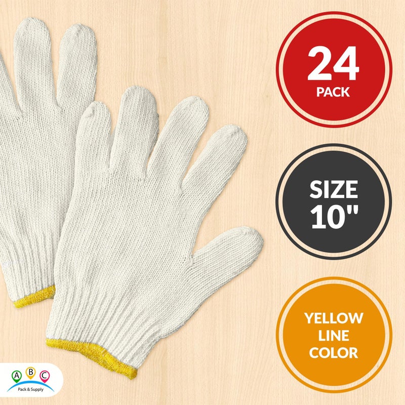 ABC Pack & Supply ABC 12 pairs String Knit Work Gloves, 10 Inch.Cotton and Polyester String Knit Gloves. Reusable Roping Gloves for Men and Women with Yellow Line. - Image 2